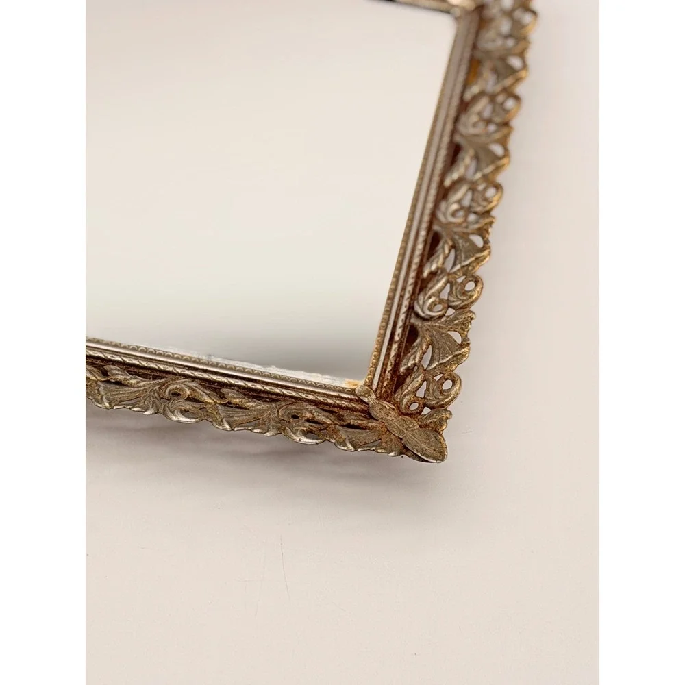 Vintage Hollywood Regency Gold Filigree Mirrored Vanity Tray Ornate Rectangular